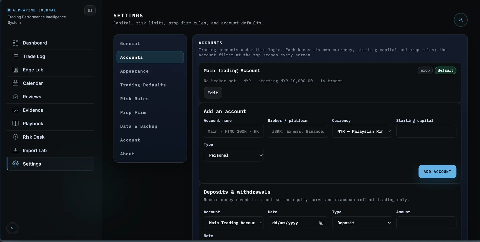 AlphaPine Journal account settings showing separate trading accounts, currencies, starting capital, and deposits or withdrawals